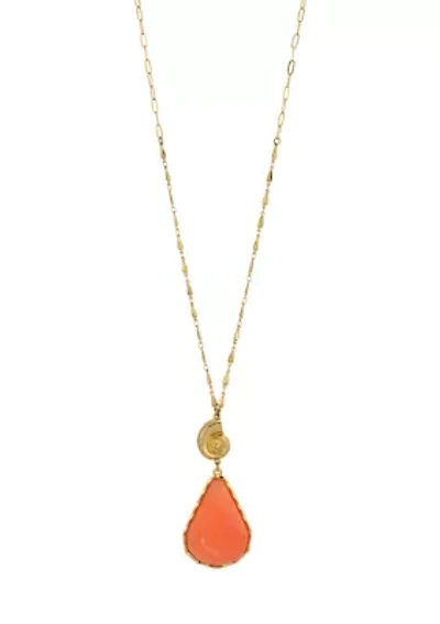 Gold Tone Coral Teardrop Pendant Necklace