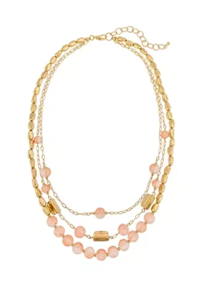 Gold Tone Short Triple Row Coral Beaded Necklace