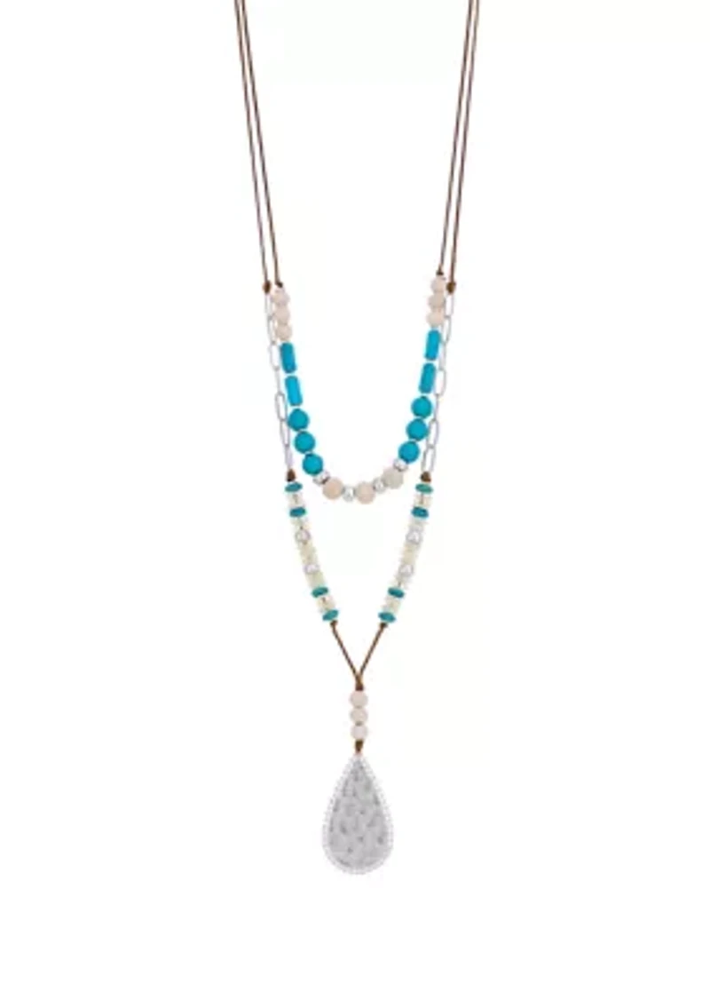 Silver Tone Double Row Turquoise Multi Beaded Necklace