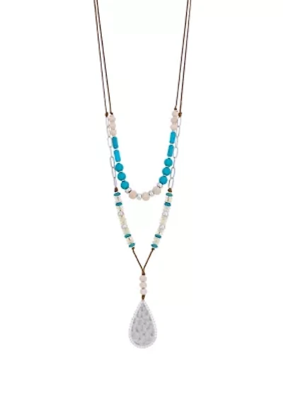 Silver Tone Double Row  Turquoise Multi Beaded Necklace