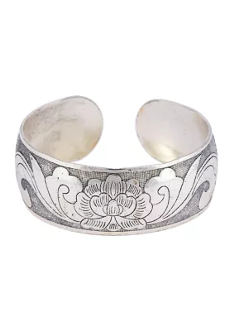 Silver Tone Etched Wide Cuff Bracelet