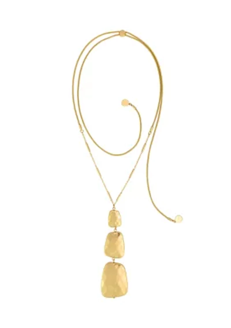 Gold Tone Long 3 Part Quilted Graduated Rectangle Pendant Necklace