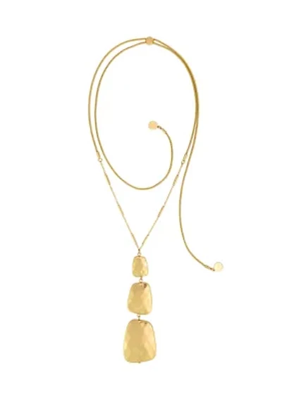 Gold Tone Long 3 Part Quilted Graduated Rectangle Pendant Necklace