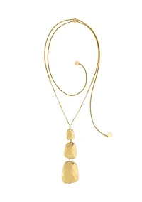 Gold Tone Long 3 Part Quilted Graduated Rectangle Pendant Necklace