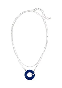Silver Tone 2 Row Open Link Chain Blue Donut Pendant Necklace