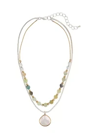 Two Tone 2 Row Layered Multi Green Beads and Teardrop Pendant Drop Necklace