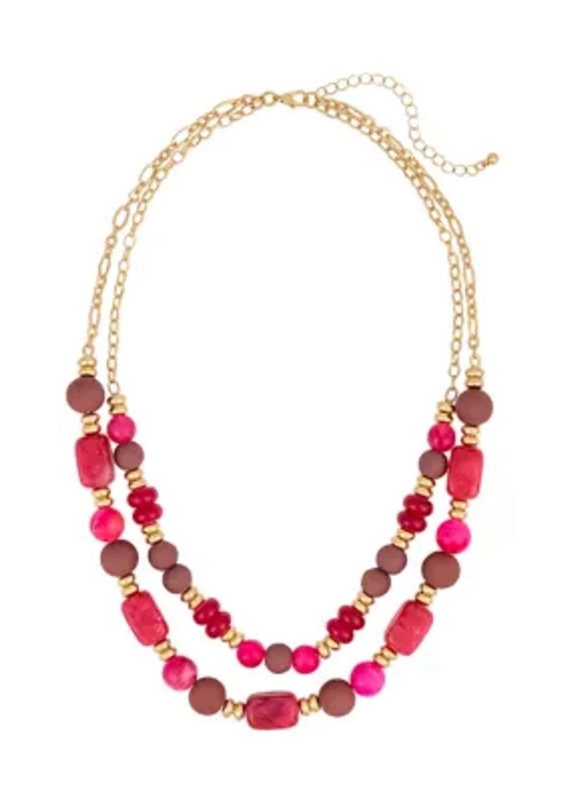 Gold-Tone Multi Pink 2 Row Frontal Beaded Necklace