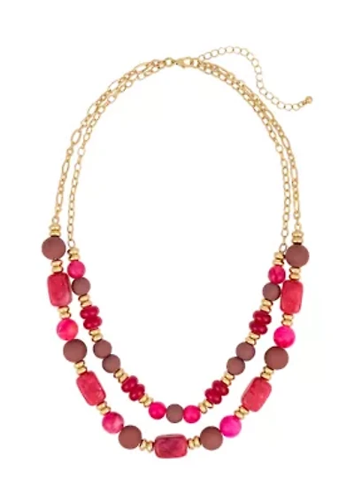Gold-Tone Multi Pink 2 Row Frontal Beaded Necklace