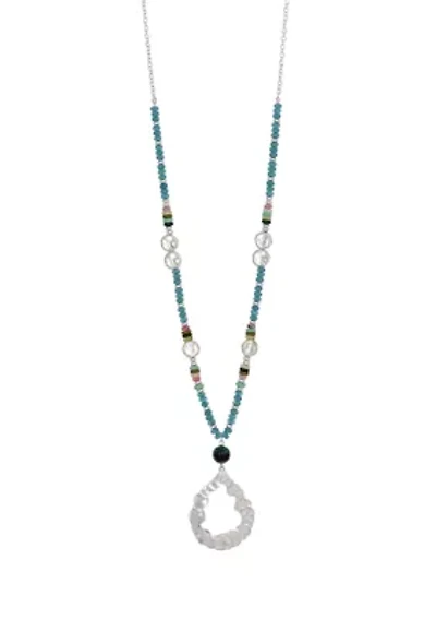 Silver Tone Long Multi Beaded Open Teardrop Pendant Necklace