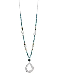 Silver Tone Long Multi Beaded Open Teardrop Pendant Necklace