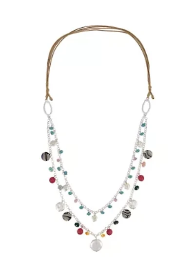 Silver Tone 2 Row Shaky Multicolored Bead Necklace