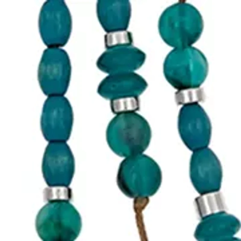 Silver Tone Layered 3 Row Teal Bead Stations on Cord Necklace
