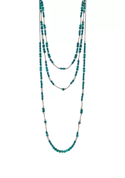 Silver Tone Layered 3 Row Teal Bead Stations on Cord Necklace
