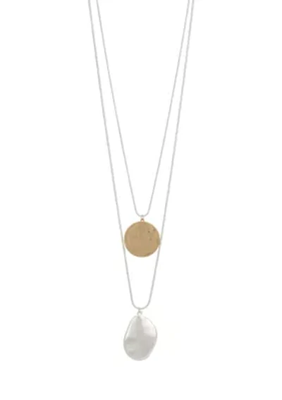 Two Tone 2 Row Layered with Disc Pendant Drops Necklace 