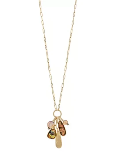Gold-Tone, 28.5'' + 3 '' Extender Chain Necklace with  Multi Stone, Bead and Disc Pendant Drops on Open Ring