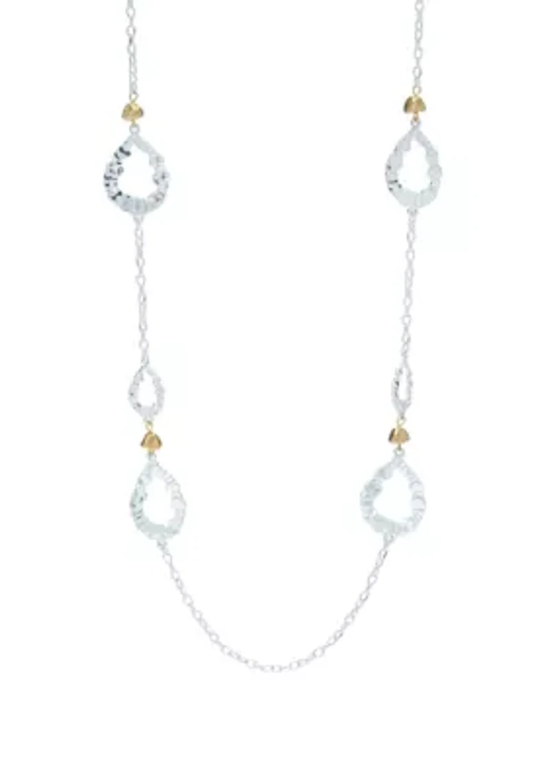 Two Tone Linked with Open Teardrop Stations Necklace