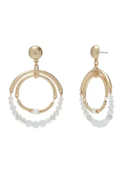 Gold-Tone With Double Rings and White Bead Accents Post Earrings