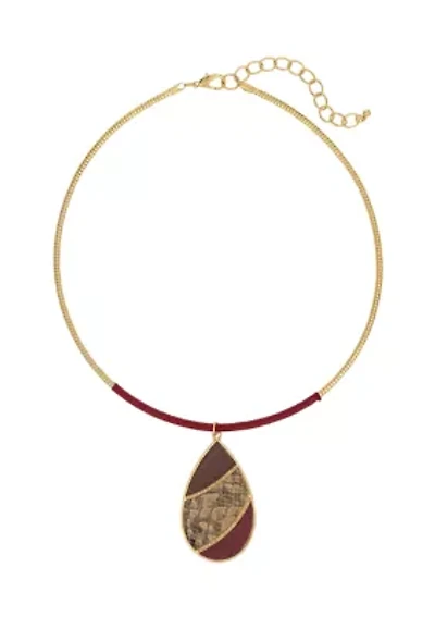 Gold Tone Burgundy Thread Wrapped Frontal Pendant Necklace