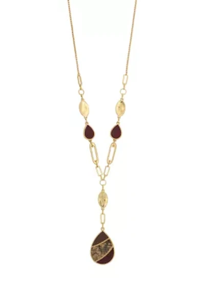 Gold Tone Linked Berry/Neutral Leather Teardrop Y Necklace