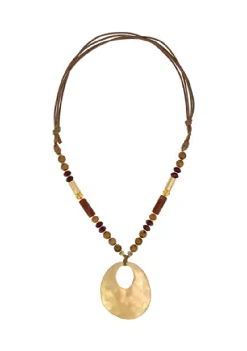 Gold Tone Long Berry/Neutral Beaded Pendant Necklace