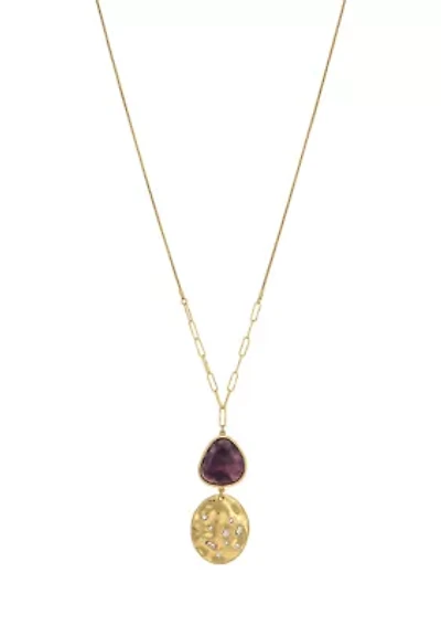 Gold Tone Long Chain with Oval Disc and Purple Stone Pendant Drop Necklace