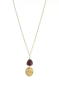 Gold Tone Long Chain with Oval Disc and Purple Stone Pendant Drop Necklace