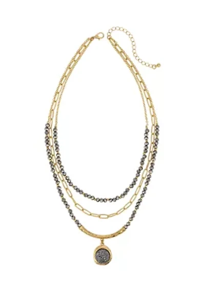Gold Tone Layered 3 Row Beaded Necklace