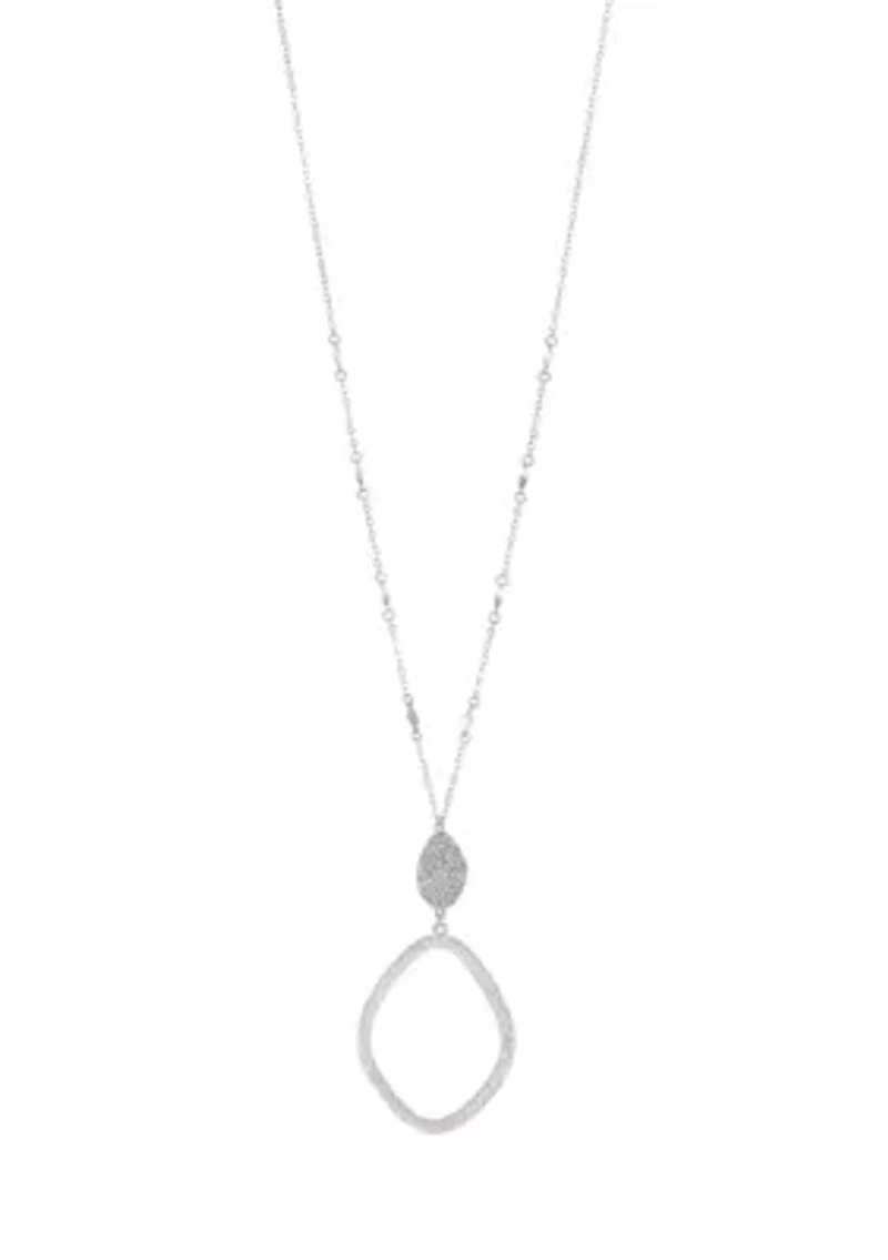 Silver Tone Long Chain Pavé Disc with Open Pendant Necklace