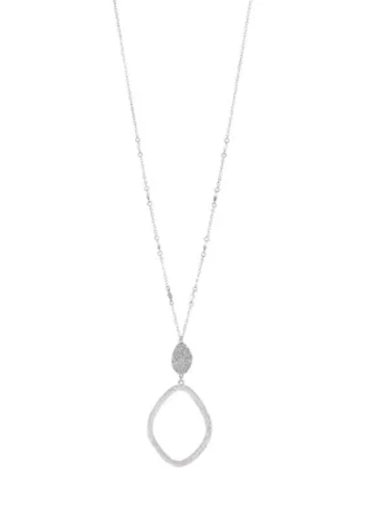 Silver Tone Long Chain Pavé Disc with Open Pendant Necklace