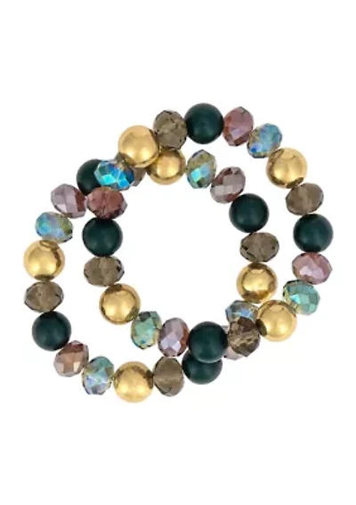 Gold Tone 2 Row Multi Colored Bead Stretch Bracelet Set