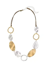 Two-Tone Mix Hammered Link and Oval Disc Frontal Necklace