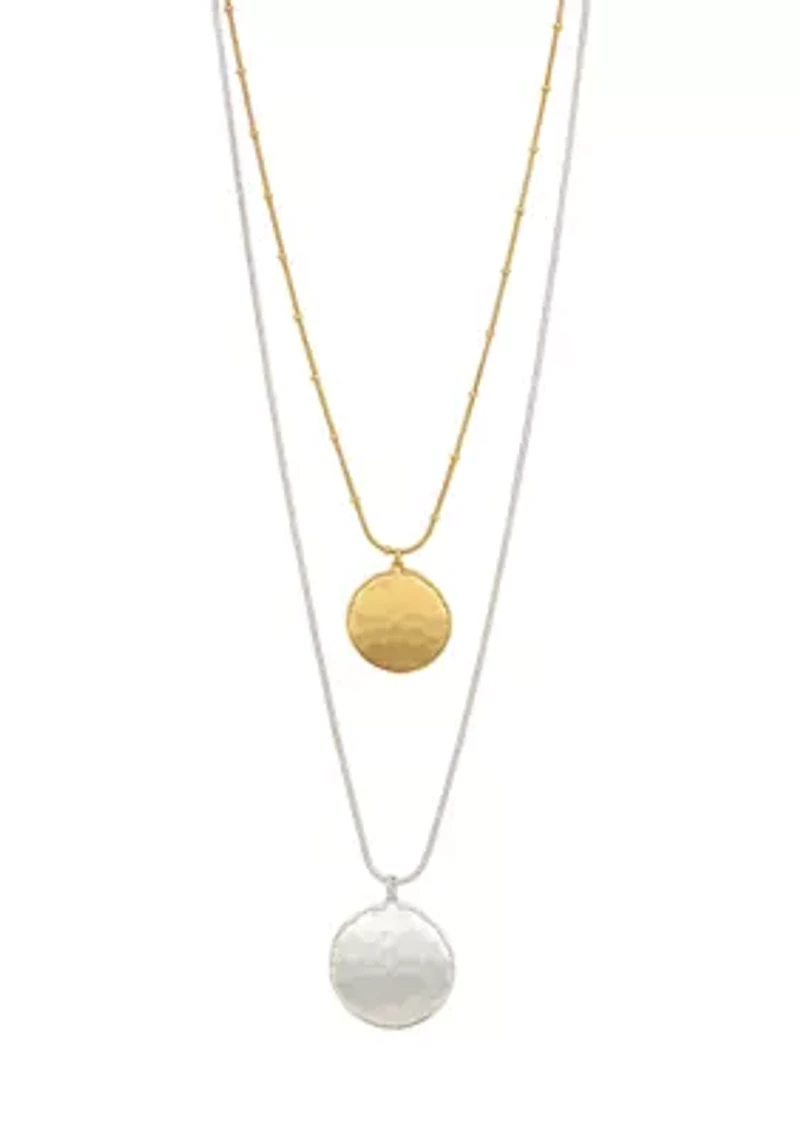 Two Tone Layered Round  Hammered Double Disc Drop Pendant Necklace