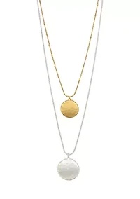 Two Tone Layered Round  Hammered Double Disc Drop Pendant Necklace