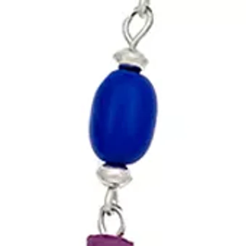 Silver Tone Long Open Teardrop Pendant on Chain with Multi Colored Beads Necklace