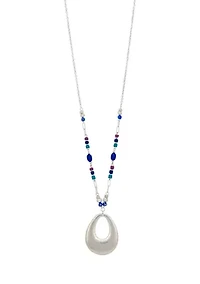 Silver Tone Long Open Teardrop Pendant on Chain with Multi Colored Beads Necklace