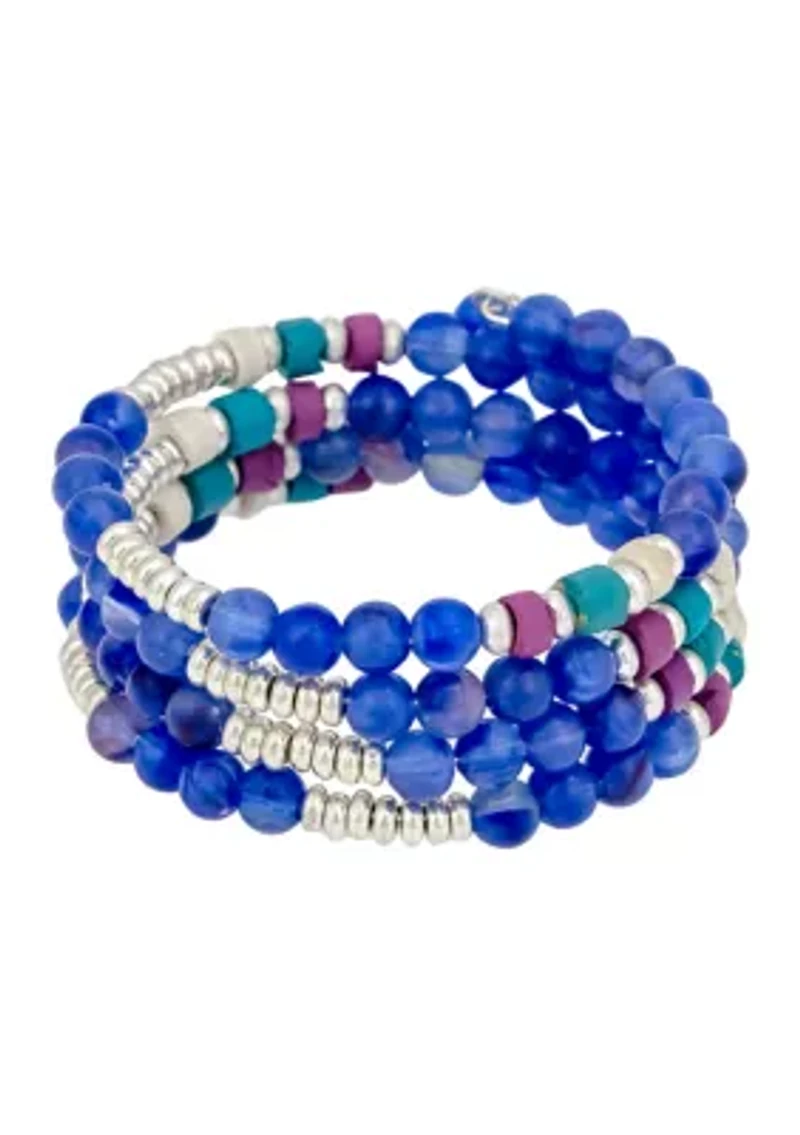 Silver Tone Blue and Multicolored Beaded Coil Bracelet