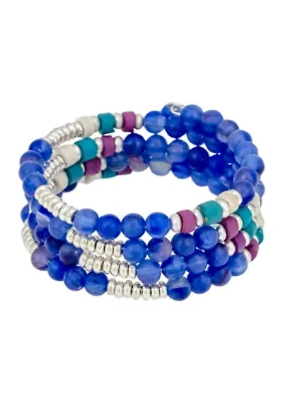 Silver Tone Blue and Multicolored Beaded Coil Bracelet