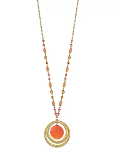 Gold-Tone Long Coral Multi Bead with Orbital Coral Pendant Necklace