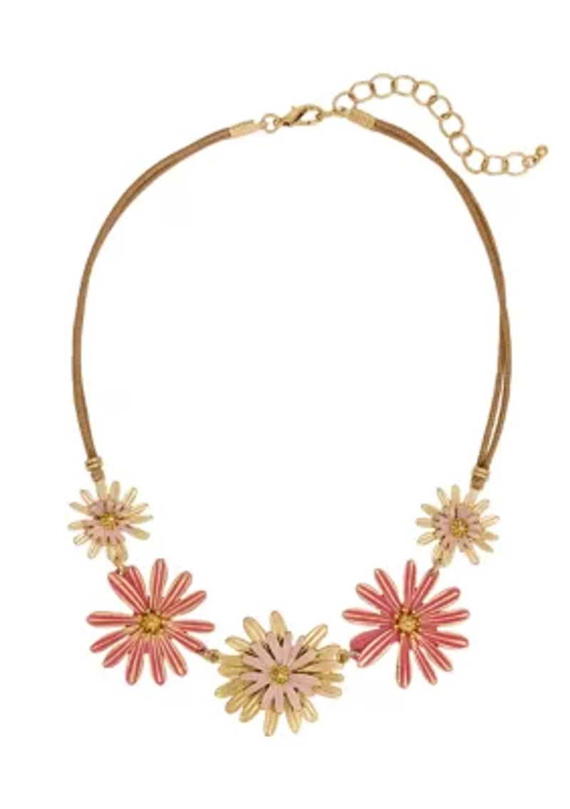 Gold -Tone Short 5 Part Coral Multi Flower Frontal Necklace