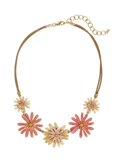 Gold -Tone Short 5 Part Coral Multi Flower Frontal Necklace