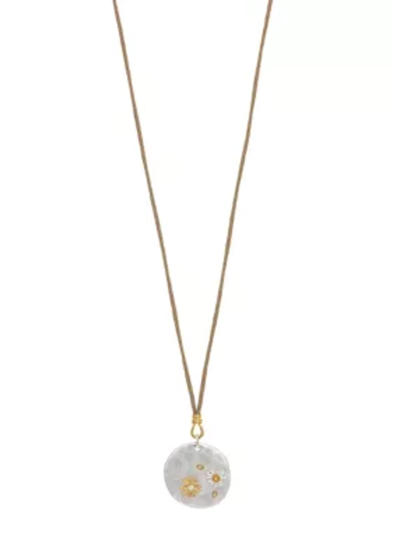 Two-Tone Long Beige Cord Round Pendant Disc with Etched Metal  Flower Accents Necklace