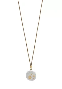 Two-Tone Long Beige Cord Round Pendant Disc with Etched Metal  Flower Accents Necklace