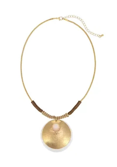 Gold Tone Short Neutral Beaded Open Round Disc Pendant Necklace