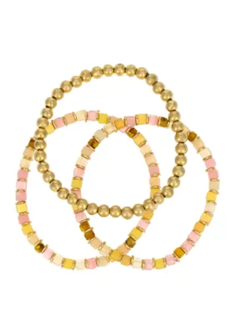 Gold Tone Row Neutral Color Beaded Stretch Bracelet Set - Set of 3