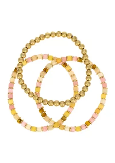 Gold Tone Row Neutral Color Beaded Stretch Bracelet Set - Set of 3