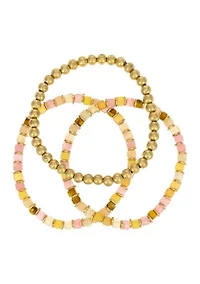 Gold Tone Row Neutral Color Beaded Stretch Bracelet Set - Set of 3