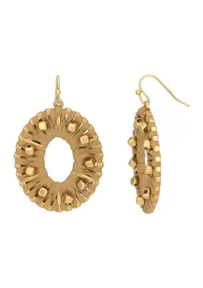 Gold Tone Natural Colored Raffia Wrapped Open Oval Earrings