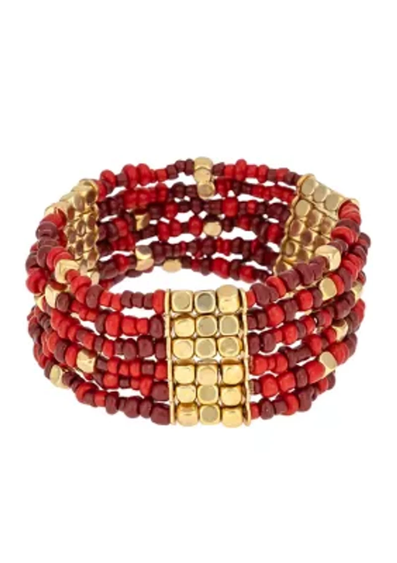Gold Tone Multi Row Red Seed Bead Stretch Bracelet