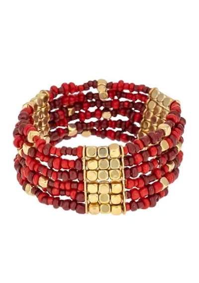 Gold Tone Multi Row Red Seed Bead Stretch Bracelet