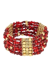 Gold Tone Multi Row Red Seed Bead Stretch Bracelet